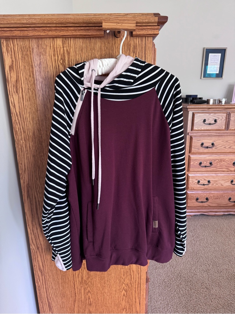 Maurices Burgundy Pullover with Pale Pink Hood and Black-White Stripe